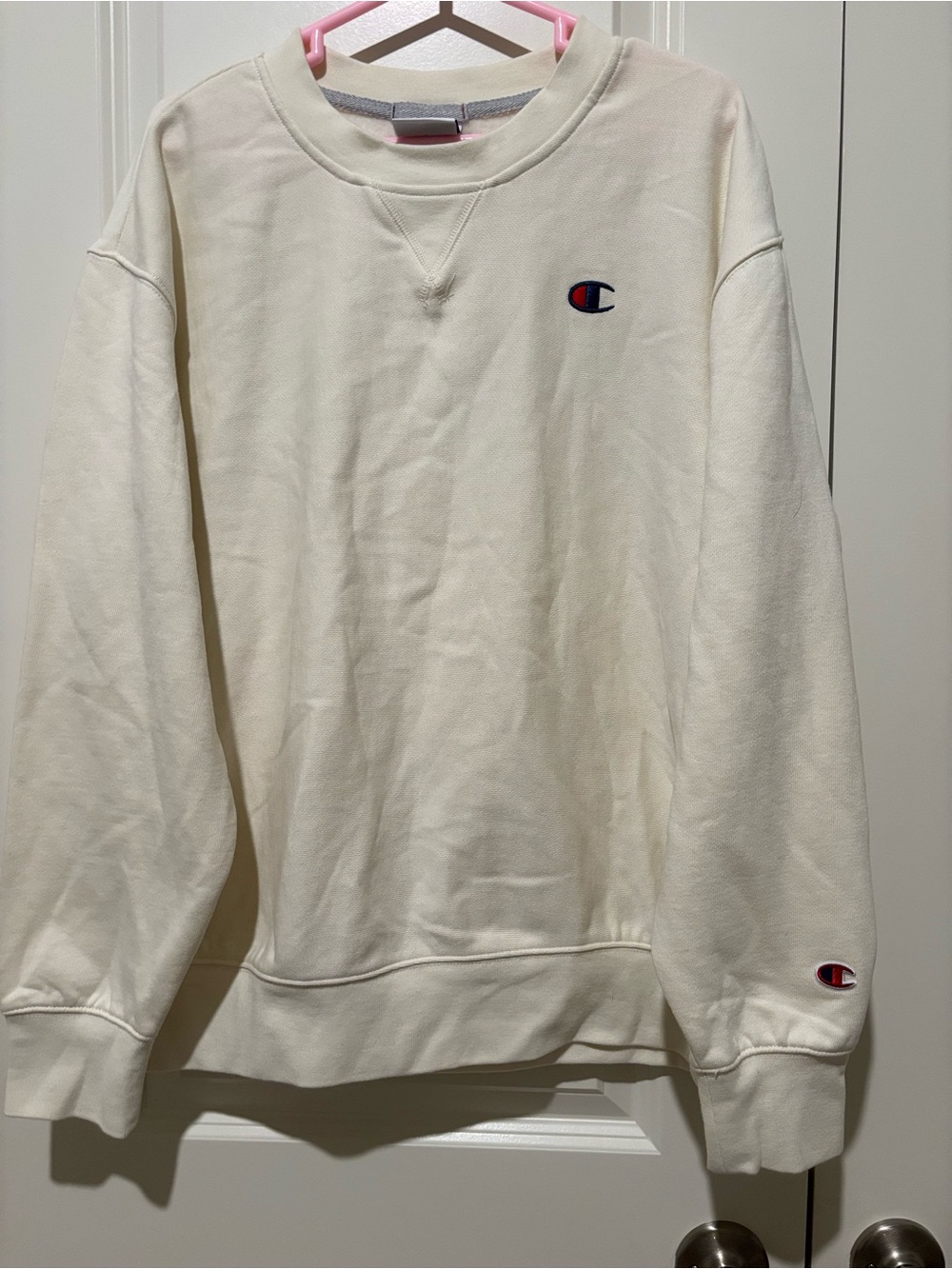 Champion Off-White Crewneck Sweatshirt with Embroidered Logo